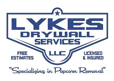 A blue and white logo for lykes drywall services.